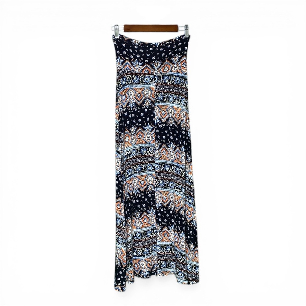 Boho Border Print Maxi Skirt Blue Orange Tribal Pattern Flowy Festival, Size M - Picture 2 of 4